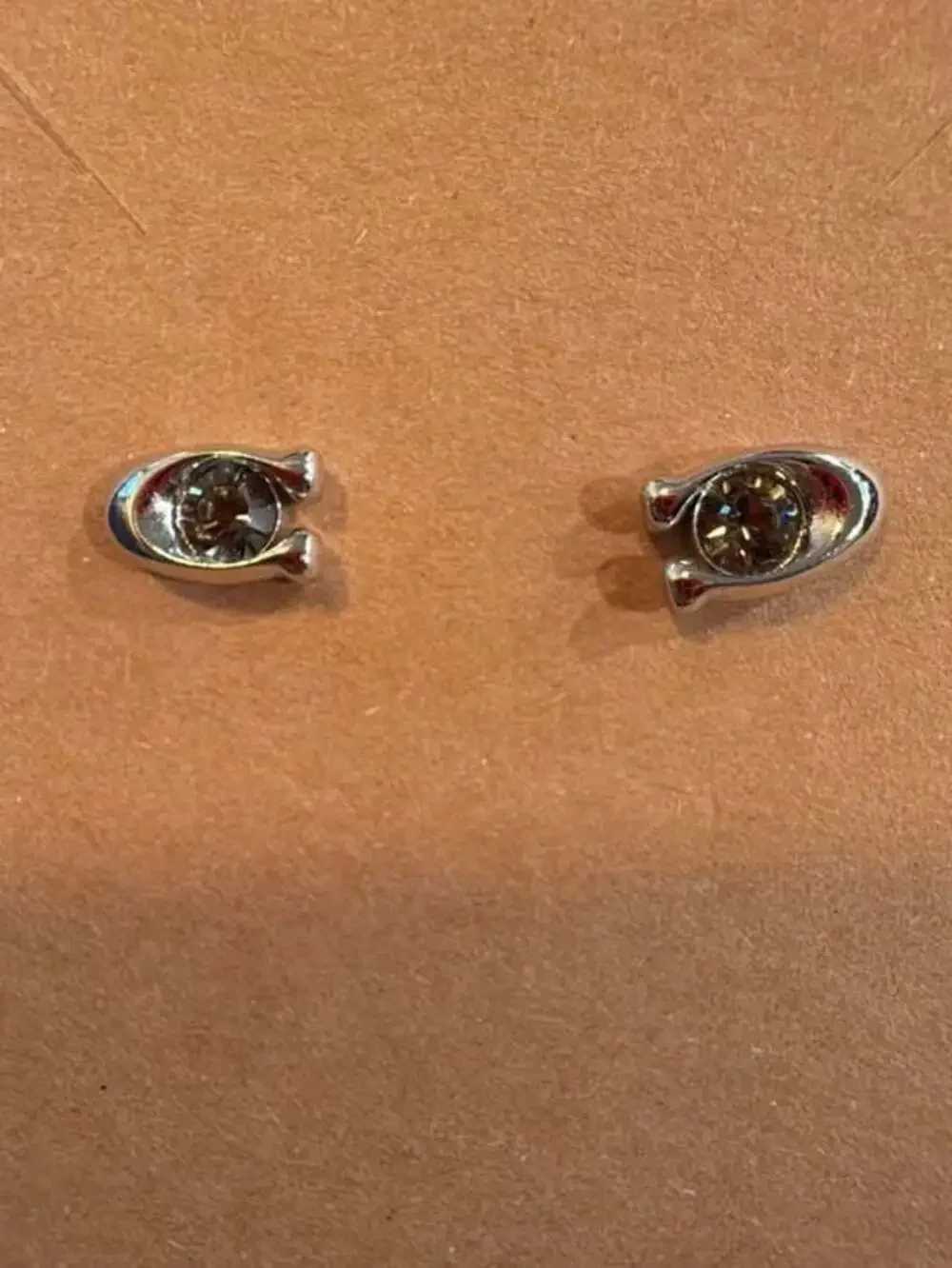 Coach Signature C Stone Stud Earrings Silver Tone Brown Crystal